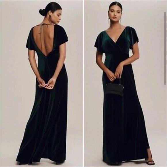 Jenny Yoo Gown Maxi Dress Women 18 Green Velvet Open Back Event Party Designer - Picture 1 of 15